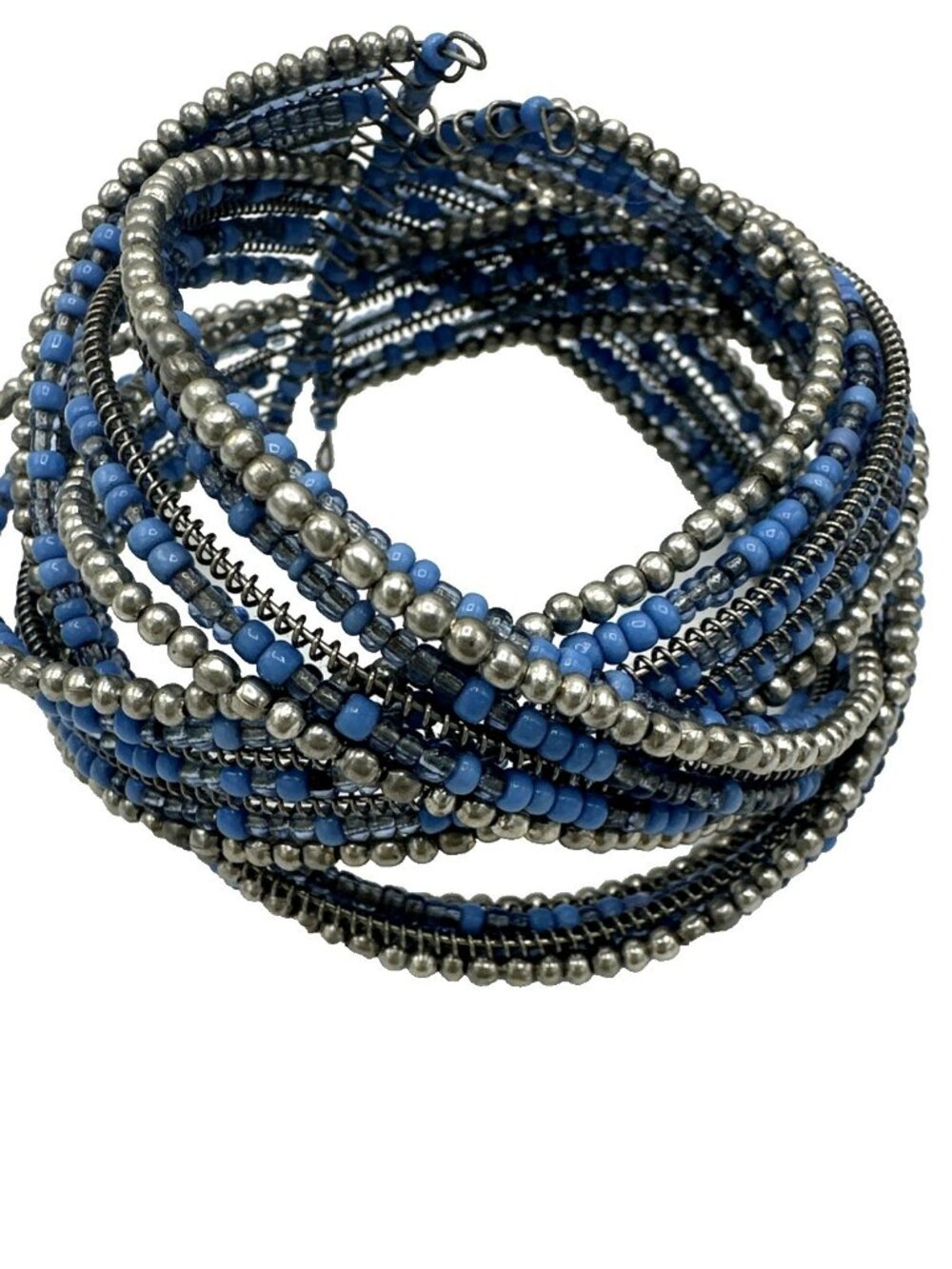 Seed Bead Braided Cuff Bracelet Memory Wire Blue & Silver Tones Boho Hippie